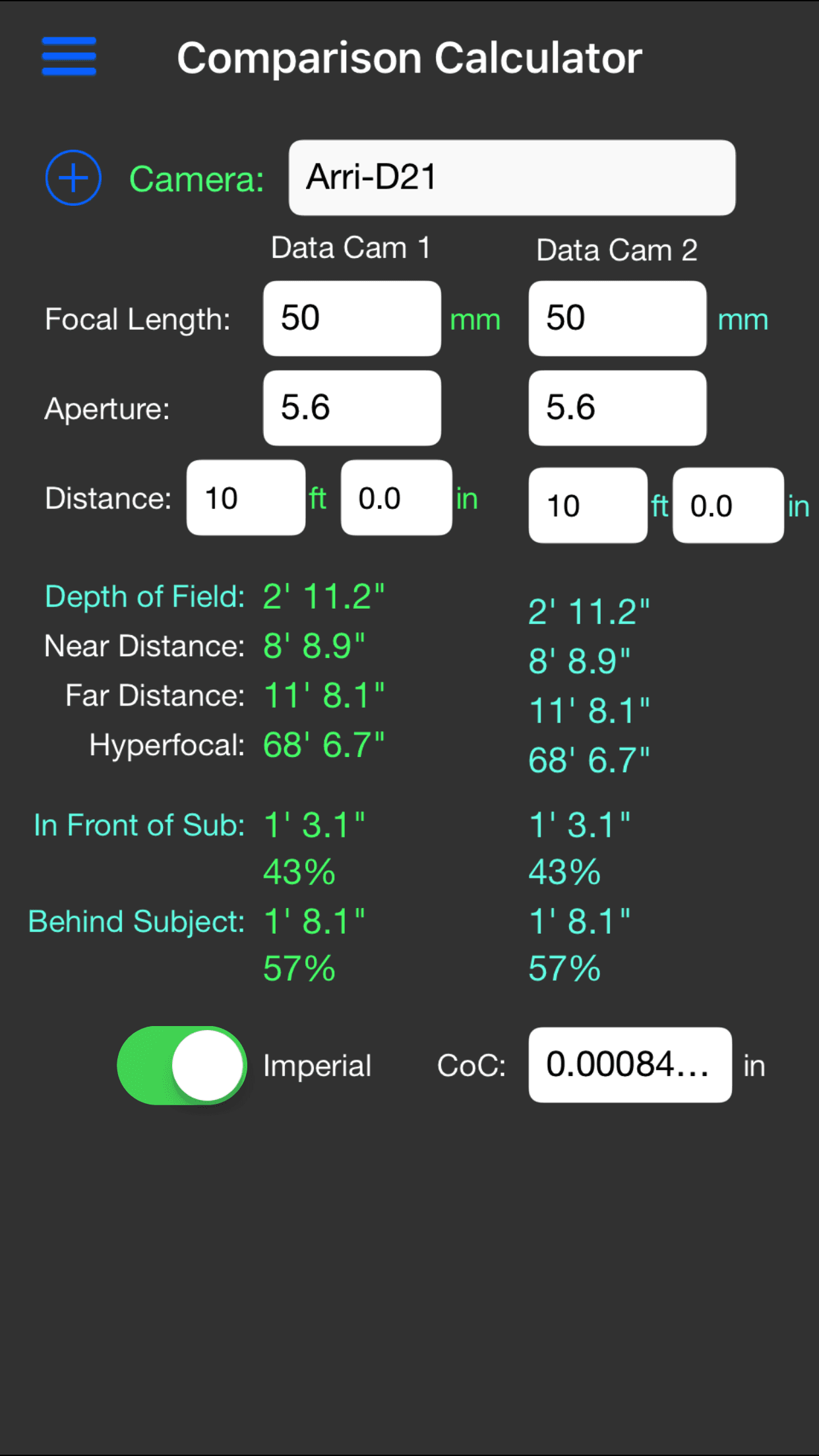 Digital DoF iPhone comparison calculator showing two Arri-D21 camera setups side by side