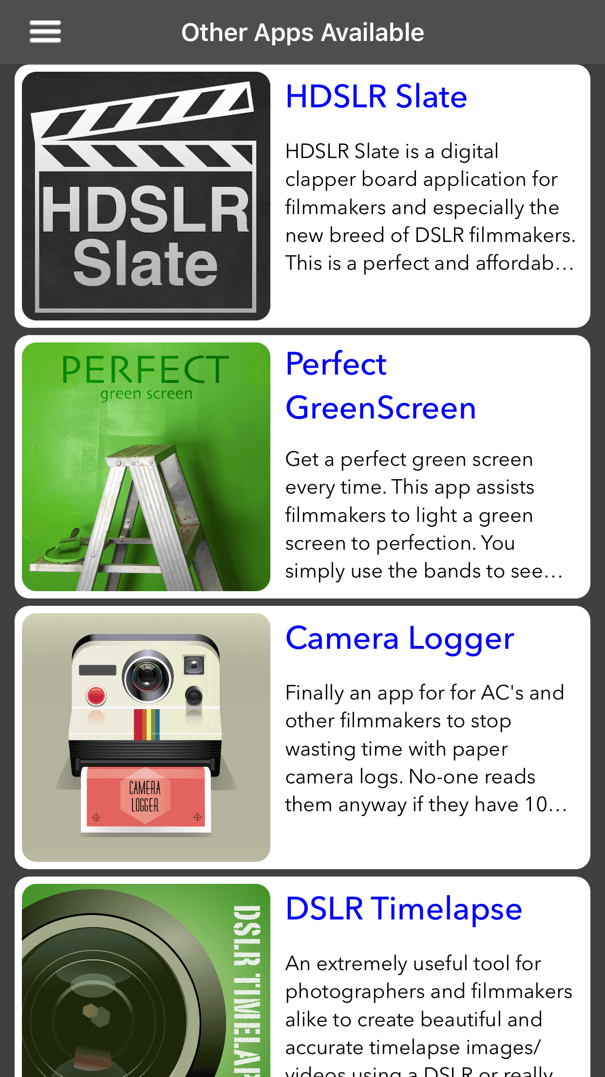 Digital DoF Other Apps Available screen showing HDSLR Slate, Perfect GreenScreen, Camera Logger, and DSLR Timelapse