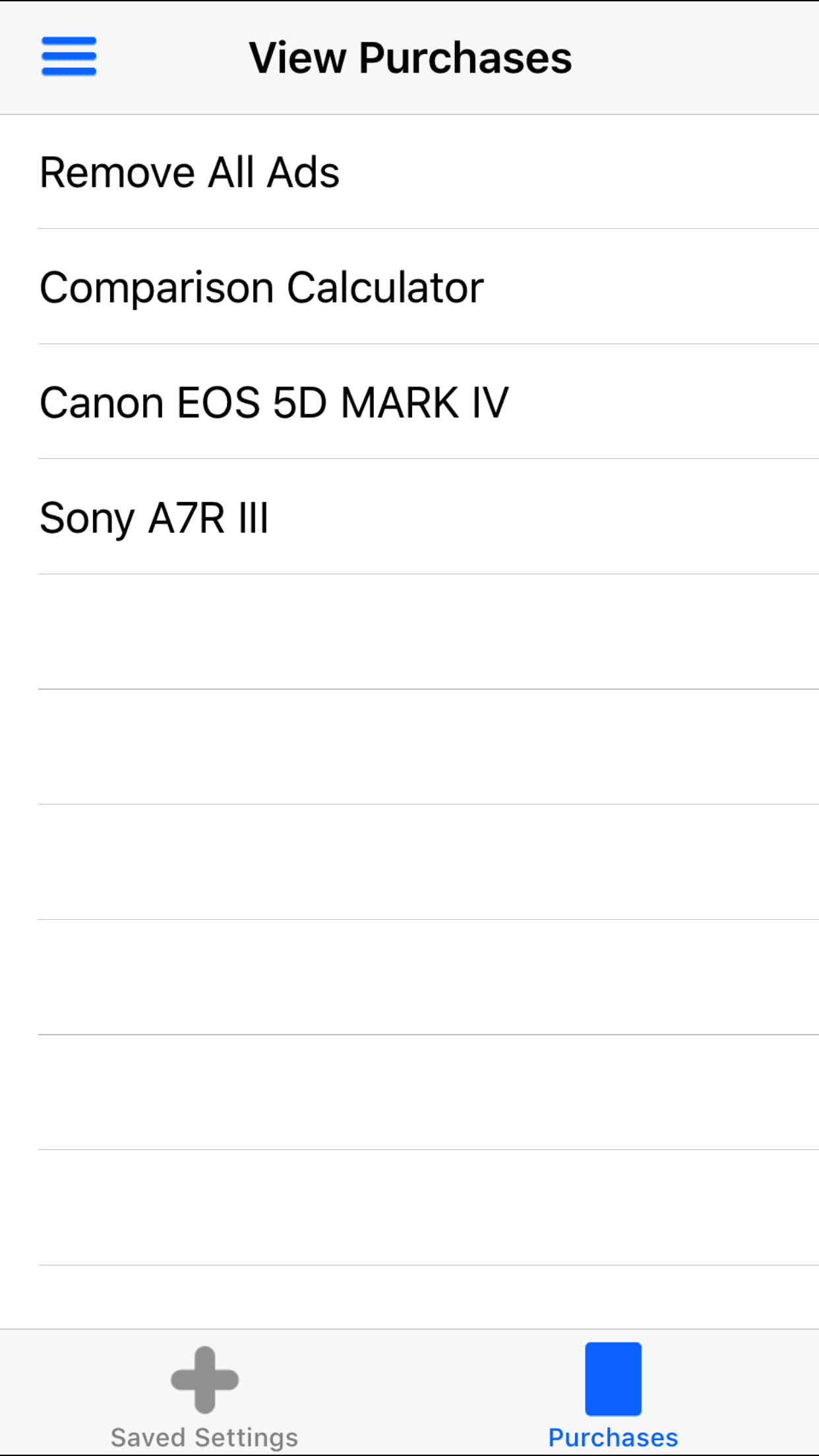 Digital DoF iPhone purchases screen listing ad removal, the comparison calculator, and camera profiles