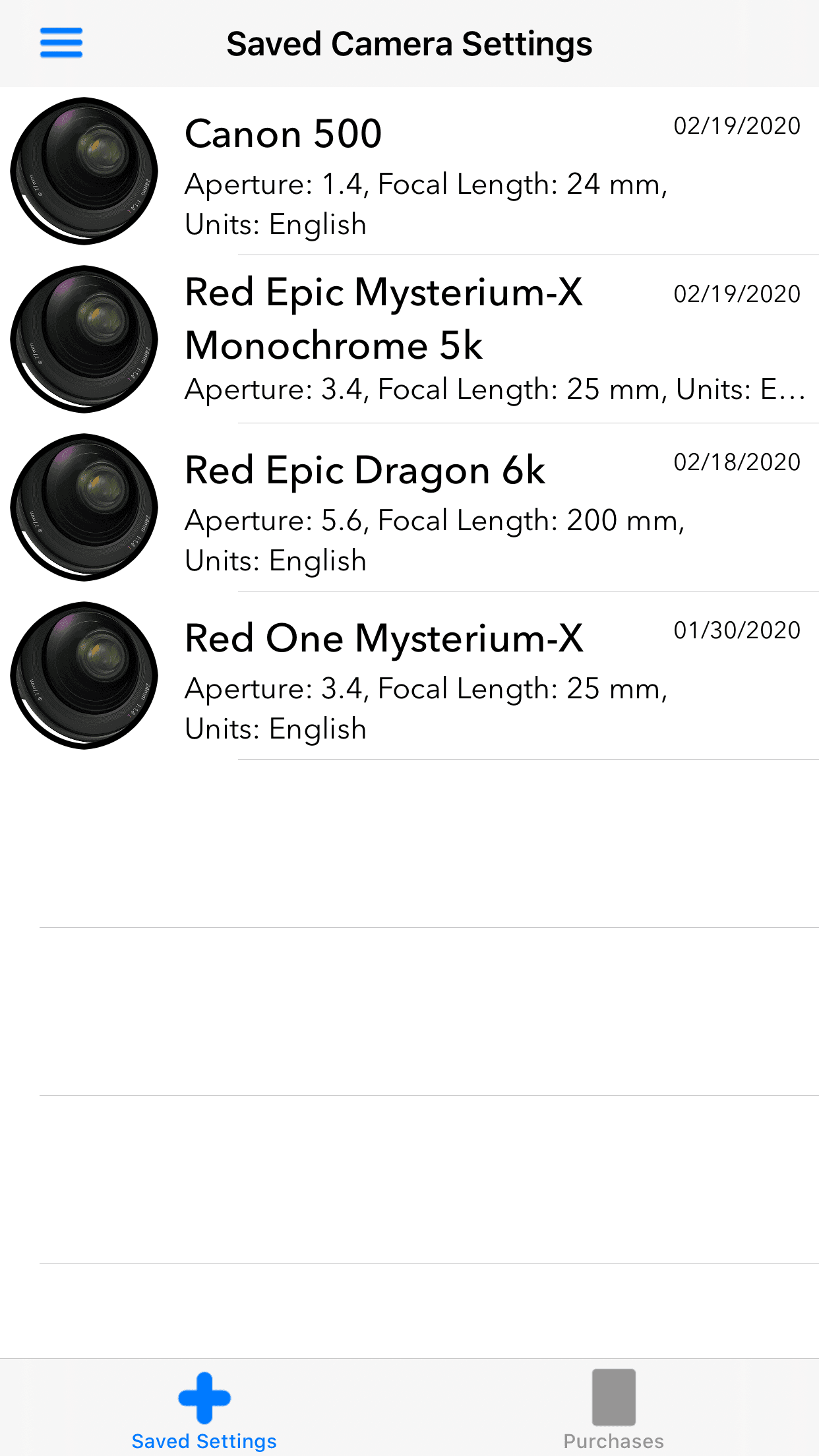Digital DoF saved camera settings on iPhone, listing Canon and RED camera setups